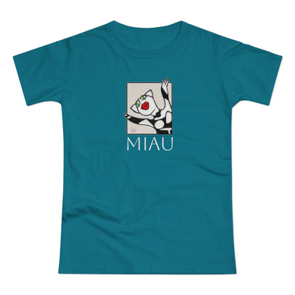 Single Jersey Women's T-shirt - dunkel - Motiv: Front Miau, H 15,3 cm, Rückseite Miau, H27,94 cm